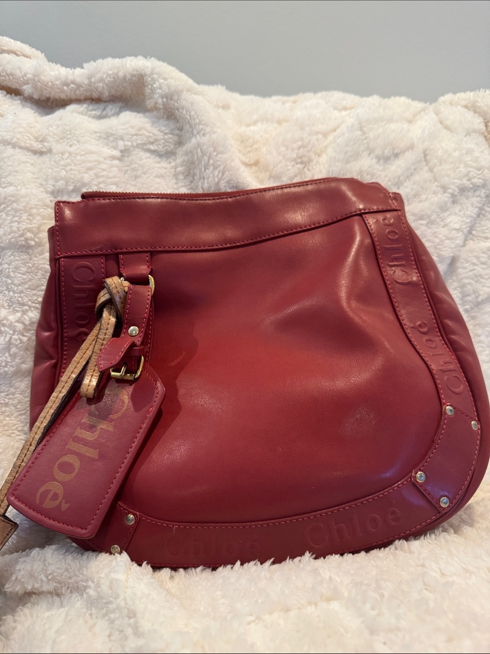 Chloe Red Leather Hobo with Logo Tag and tassel